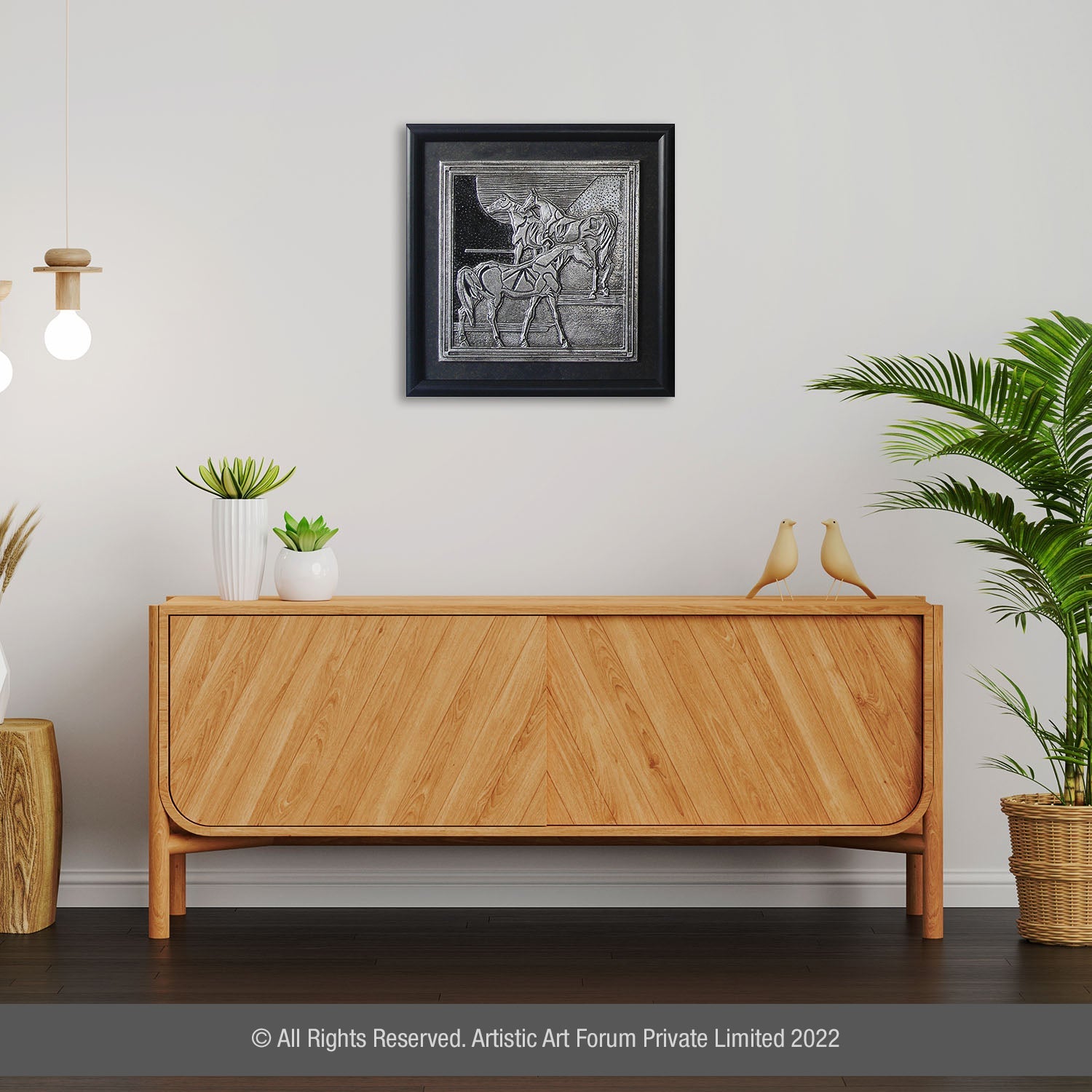 Artisticks horse wall frame in white metal antique finish, perfect for living room decoration