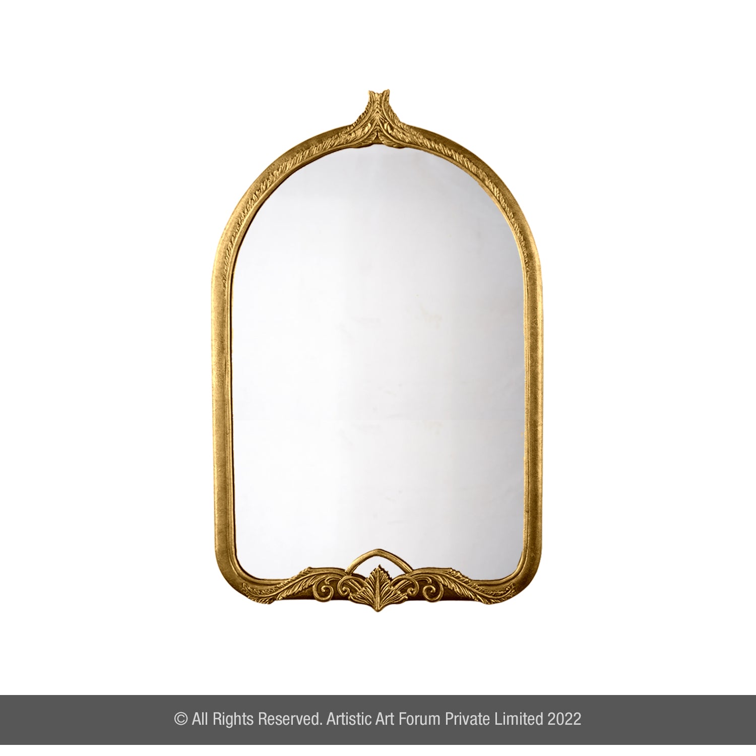 An Arch Metal Wall Mirror with a gold-colored frame and ornate detailing at the top and bottom.