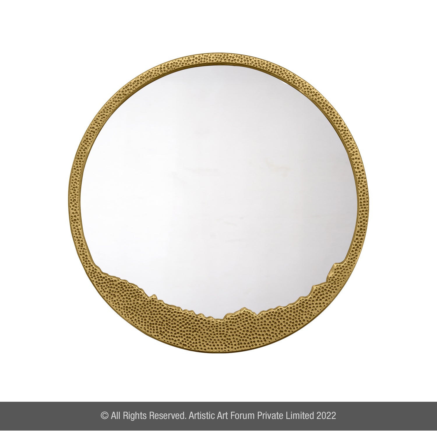 A Circle Shape Mirror for Wall with a dull gold finish and a textured edge, isolated on a white background.
