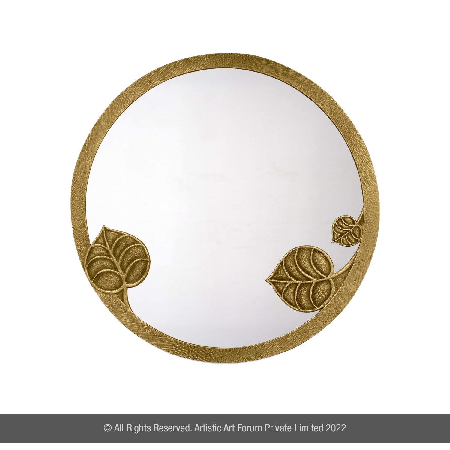 A Decorative Round Leaf Wall Mirror with a gold metal frame featuring leaf patterns on the sides.