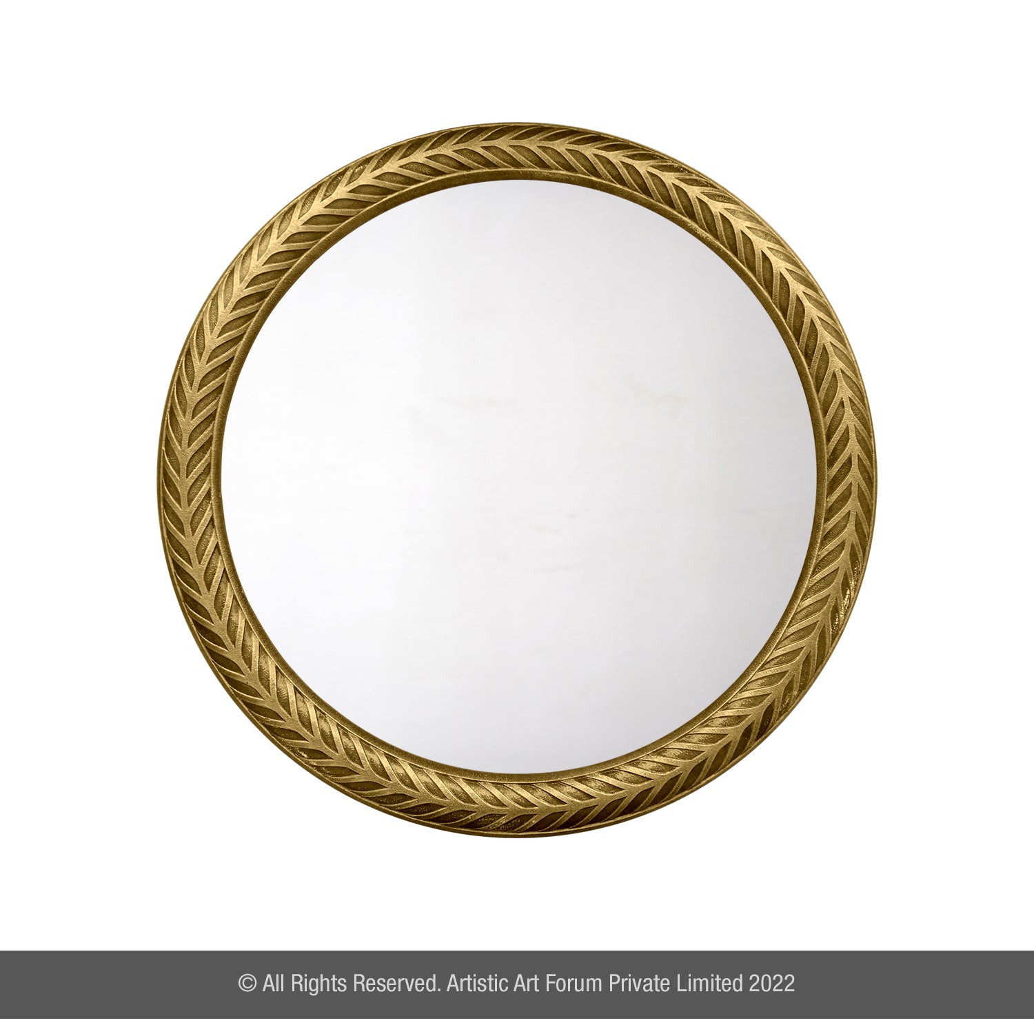 A Large Round Mirror with a brass frame, displaying a white surface.