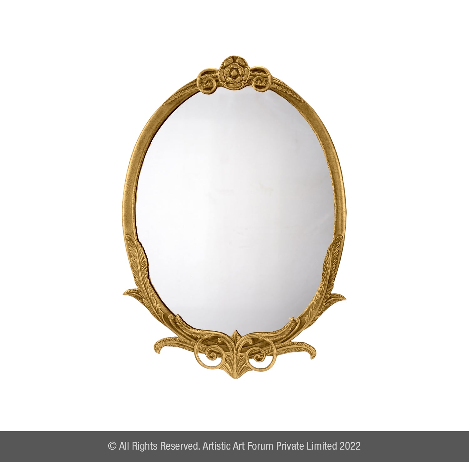 An Luxury Decorative Wall Mirrors with a gold-colored metal frame featuring intricate detailing, set against a white background.