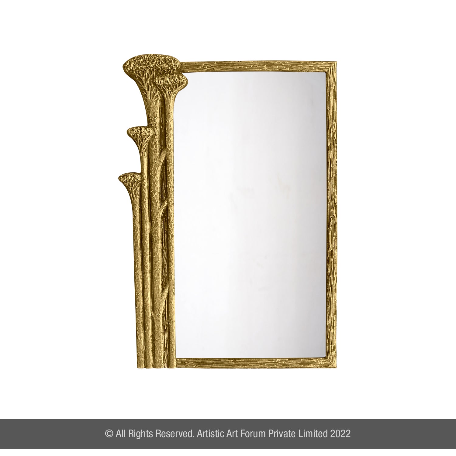 AModern Antique Mirror with a textured, intricate gold frame, handcrafted in metal, suitable for contemporary and minimalistic decor.