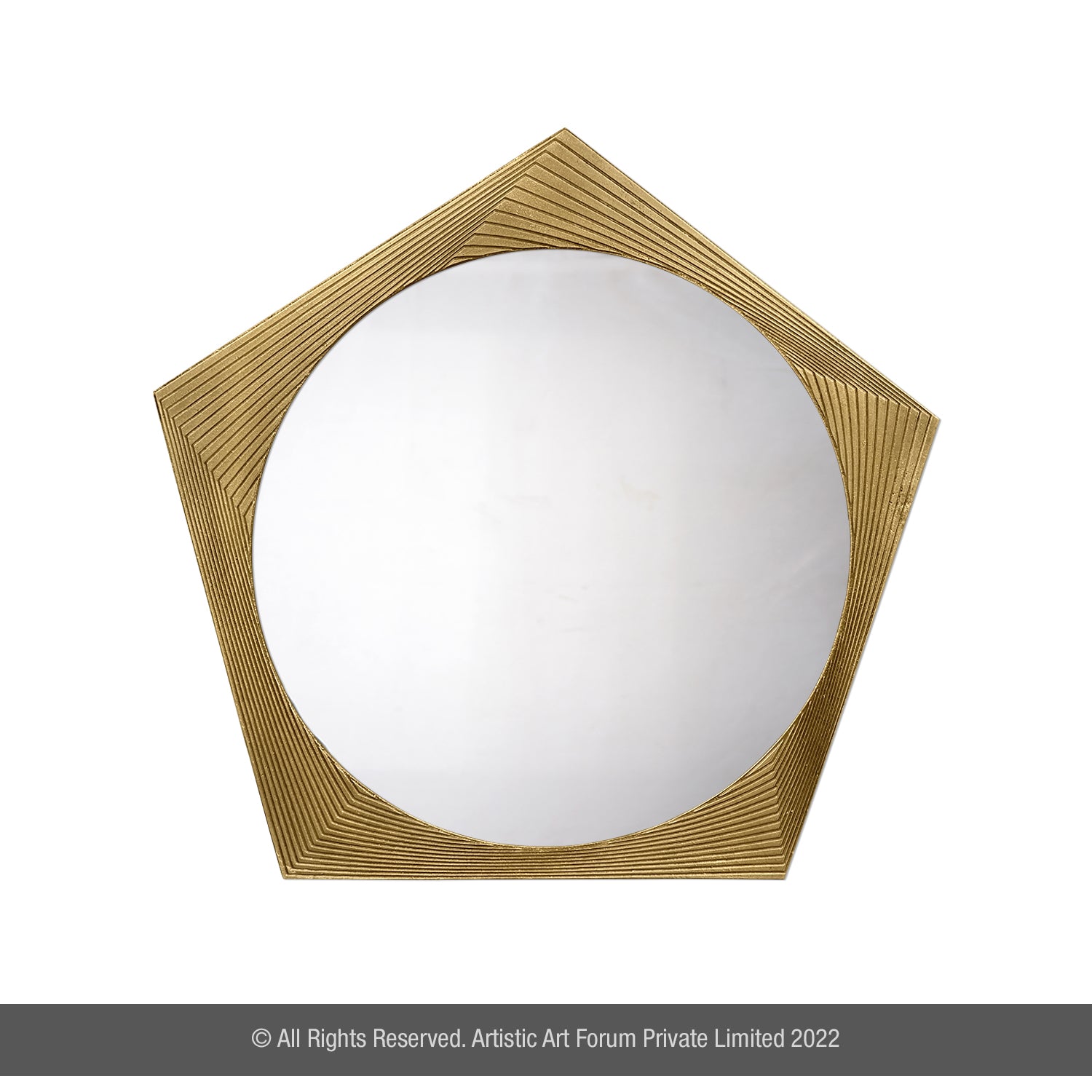 A pentagon-shaped wall mirror with a gold and white metal frame.