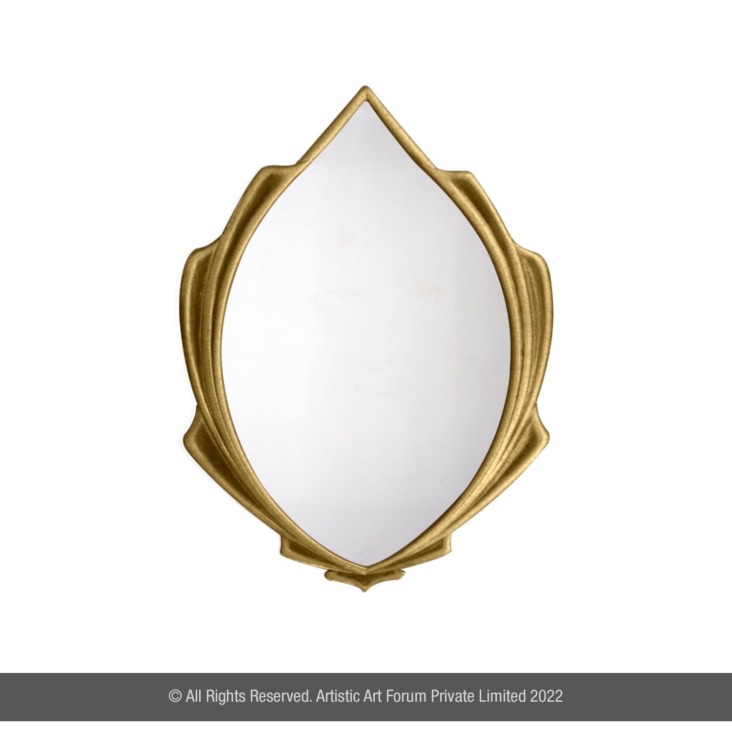 An Premium Wall Mirror Design for Home like a flower bud, with a reflective surface and ornate detailing at the top.