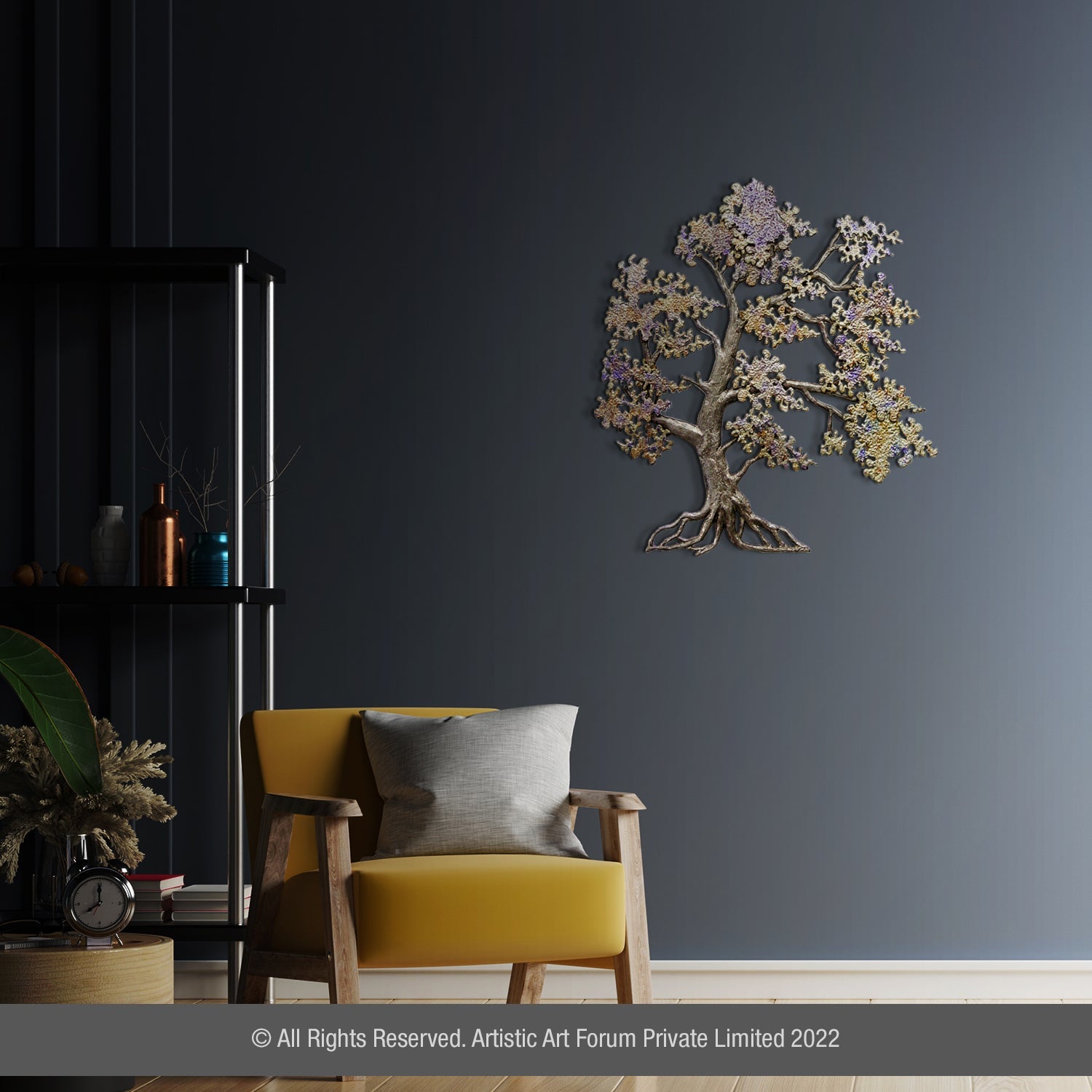 Breezing tree wall sculpture with flowing branches crafted in metal art