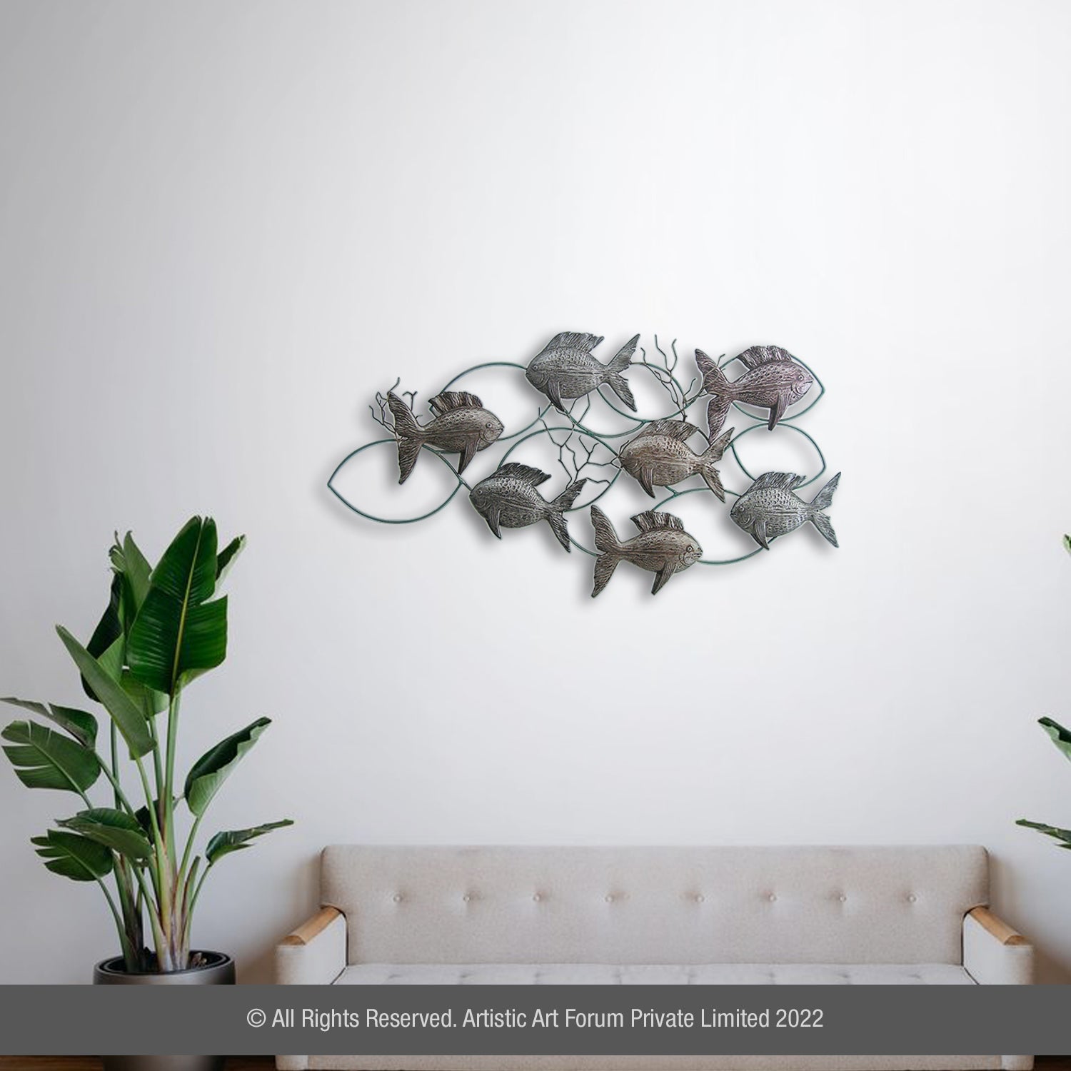 Floating shelves and framed art used as living room wall accents.