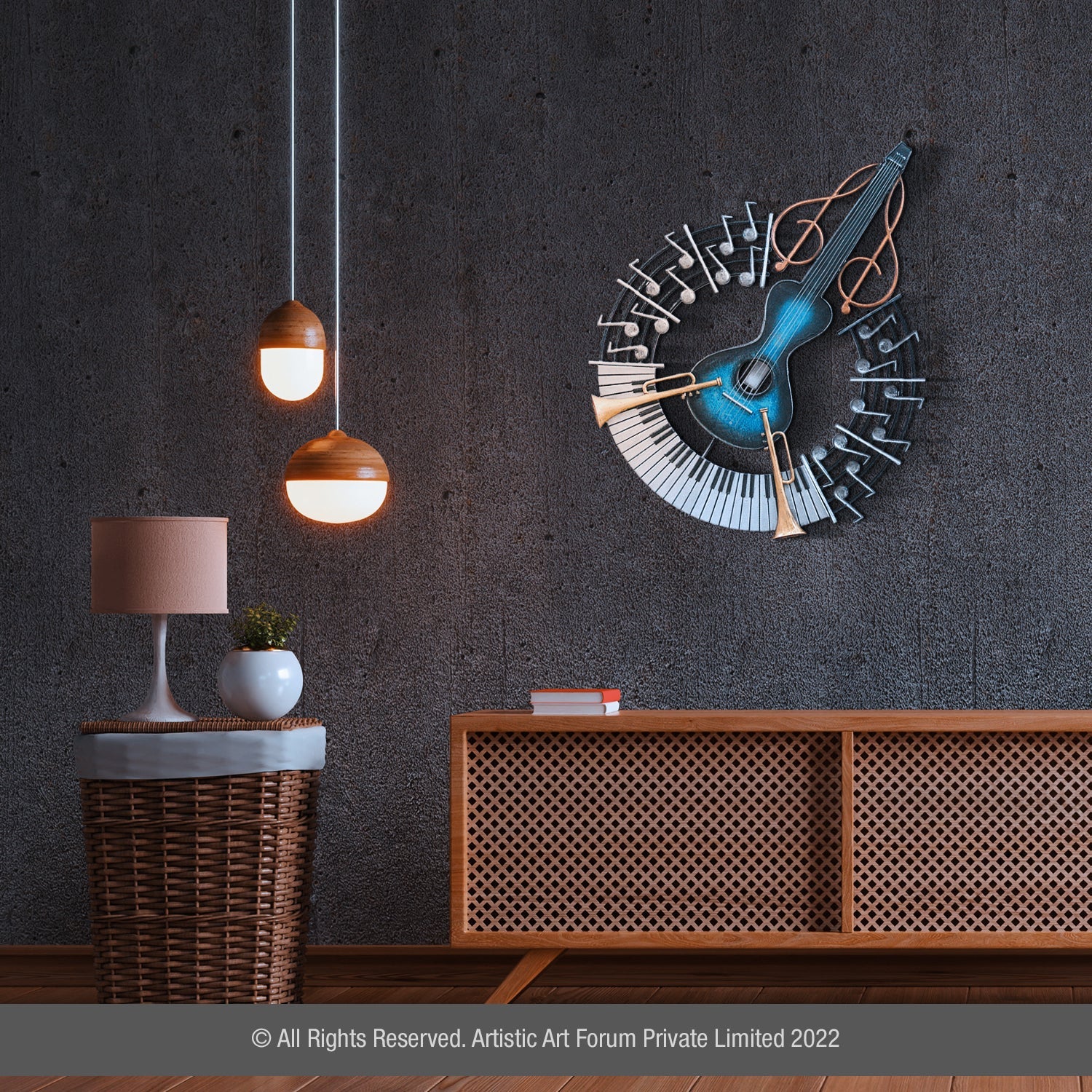 Musical instrument wall art featuring artistic metal designs of instruments for home decor